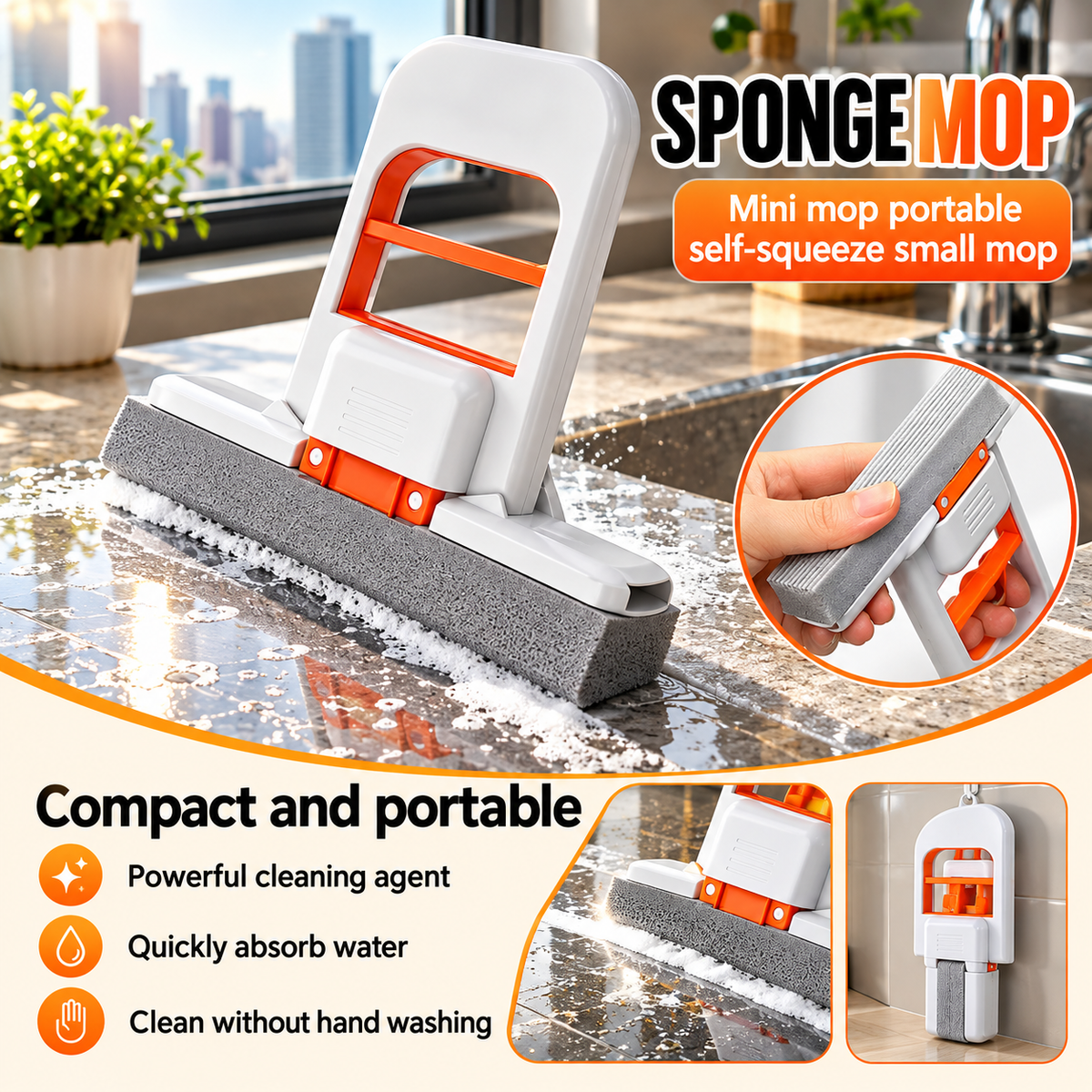 Mini Foldable Sponge Mop, Self-Squeeze Desktop Mop for Small Spaces, Wet & Dry Portable Cleaning Tool for Kitchen Countertops