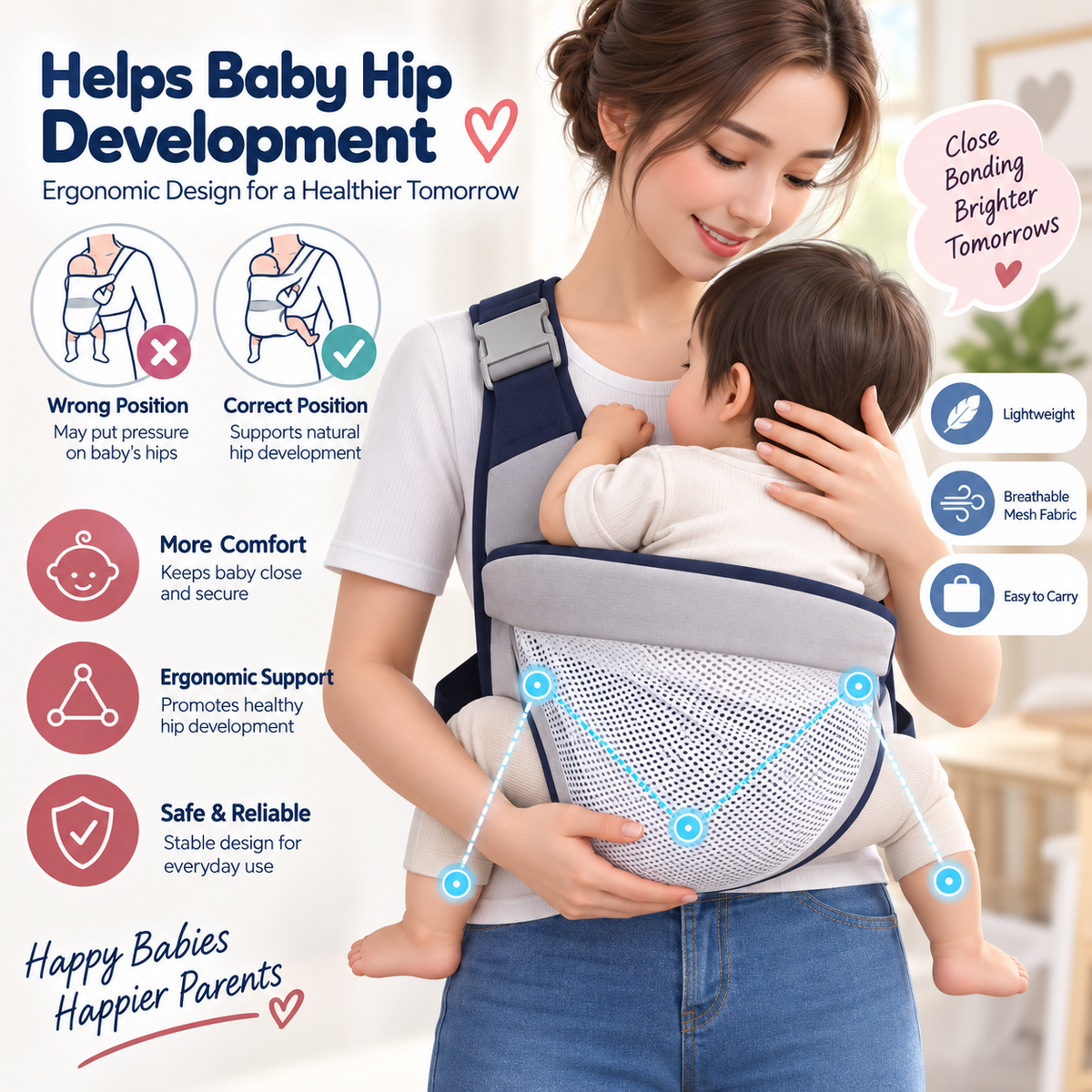 Baby Sling Carrier Adjustable Baby Holder Carrier Baby Half Wrapped Sling Hip Carrier Breathable Cotton Mesh Fabric for Newborn