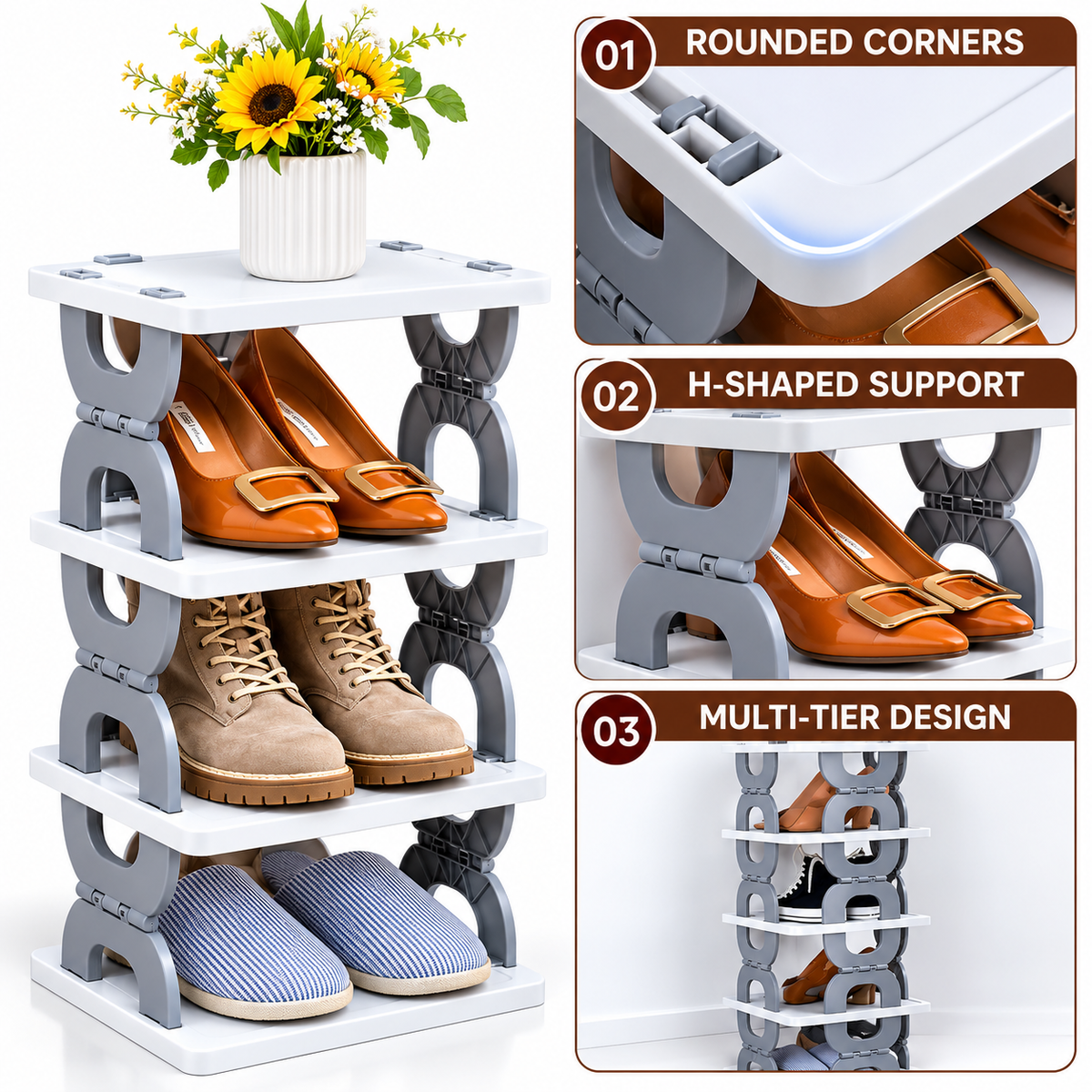 Multi-Purpose Stackable Shoe Rack Adjustable Slots