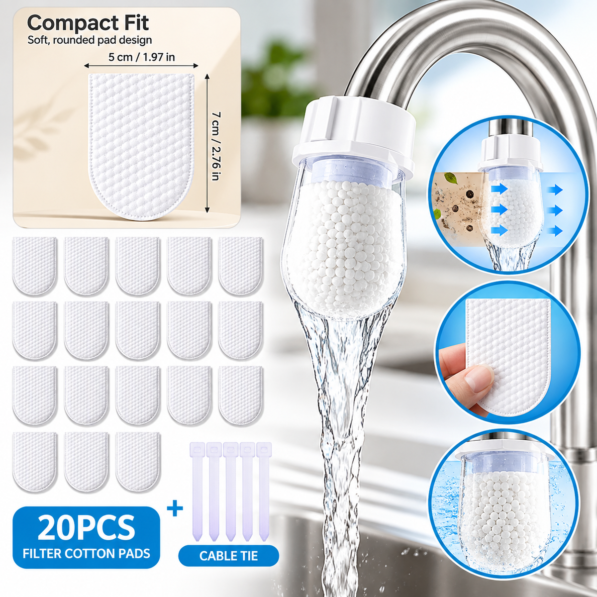 20PCS Sink Faucet Water Filter Cotton Pads with Cable Tie