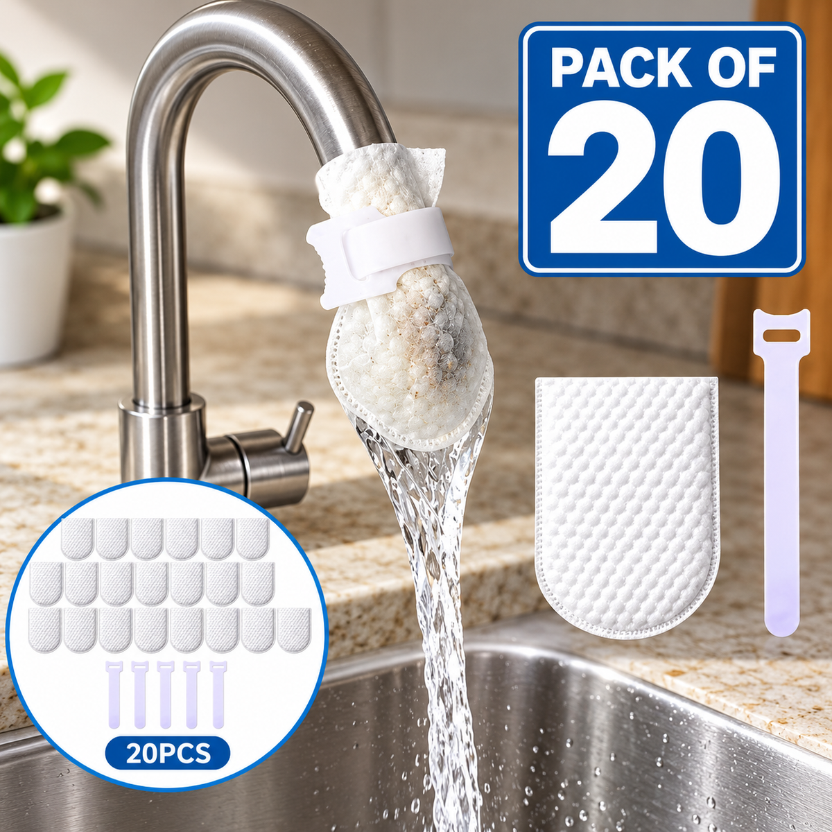 20PCS Sink Faucet Water Filter Cotton Pads with Cable Tie