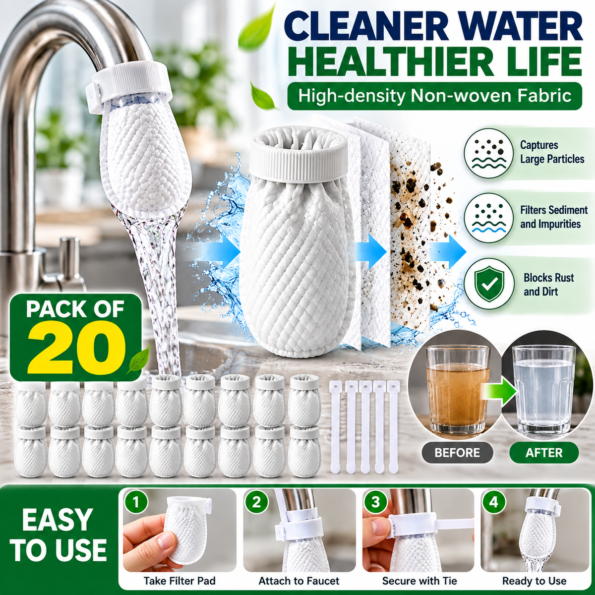 20PCS Sink Faucet Water Filter Cotton Pads with Cable Tie