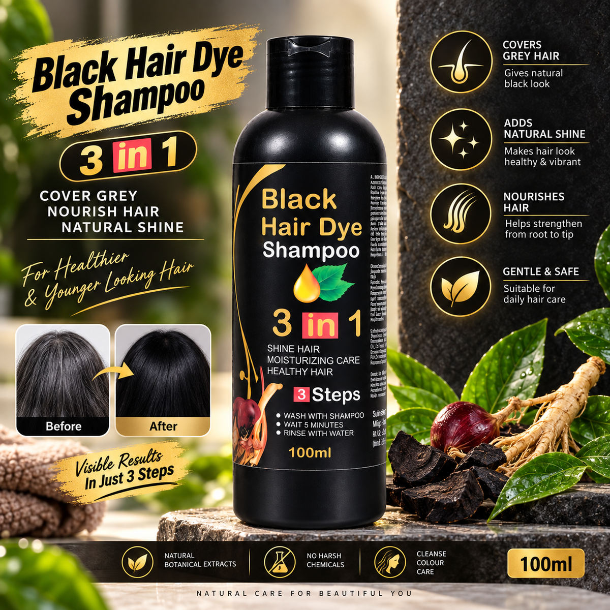 BLOSDREAM 3 in 1 Black Hair Shampoo