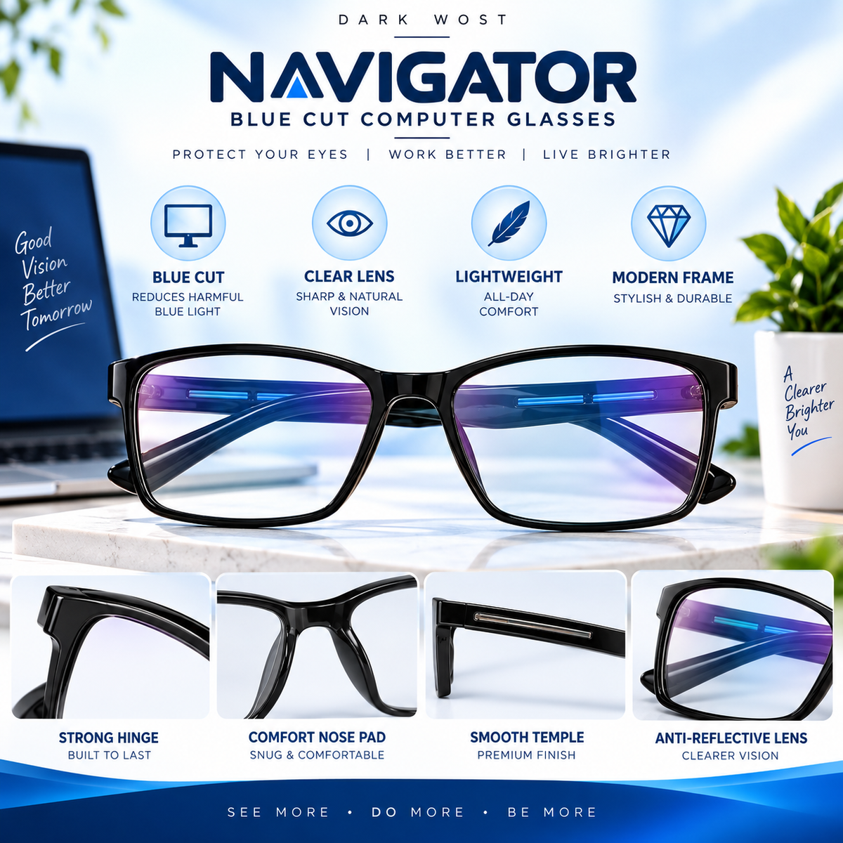 Dark Wost Navigator Blue Cut Computer Glasses for Eye Protection