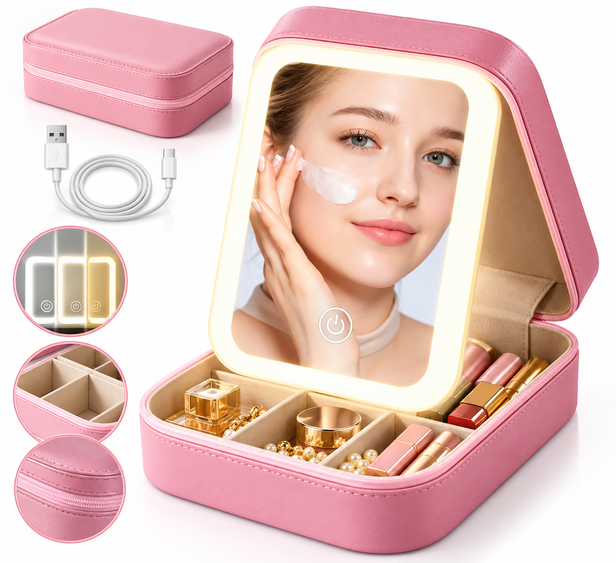 Portable LED Makeup Mirror Box with 3-Color Light