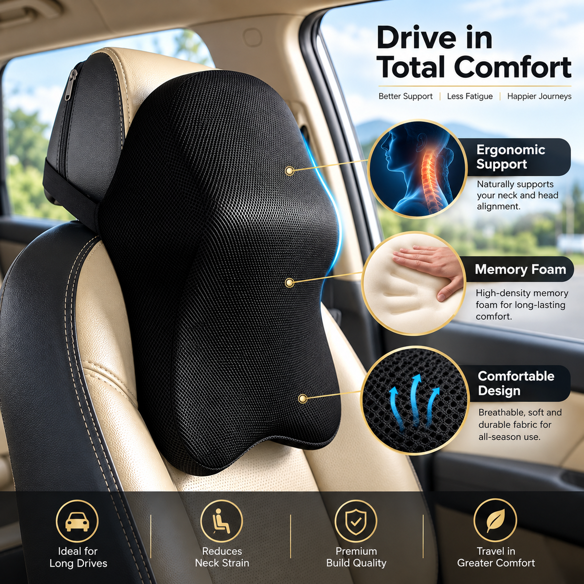 Car Neck Rest Memory Foam Solid Pillow BIG (RHR)