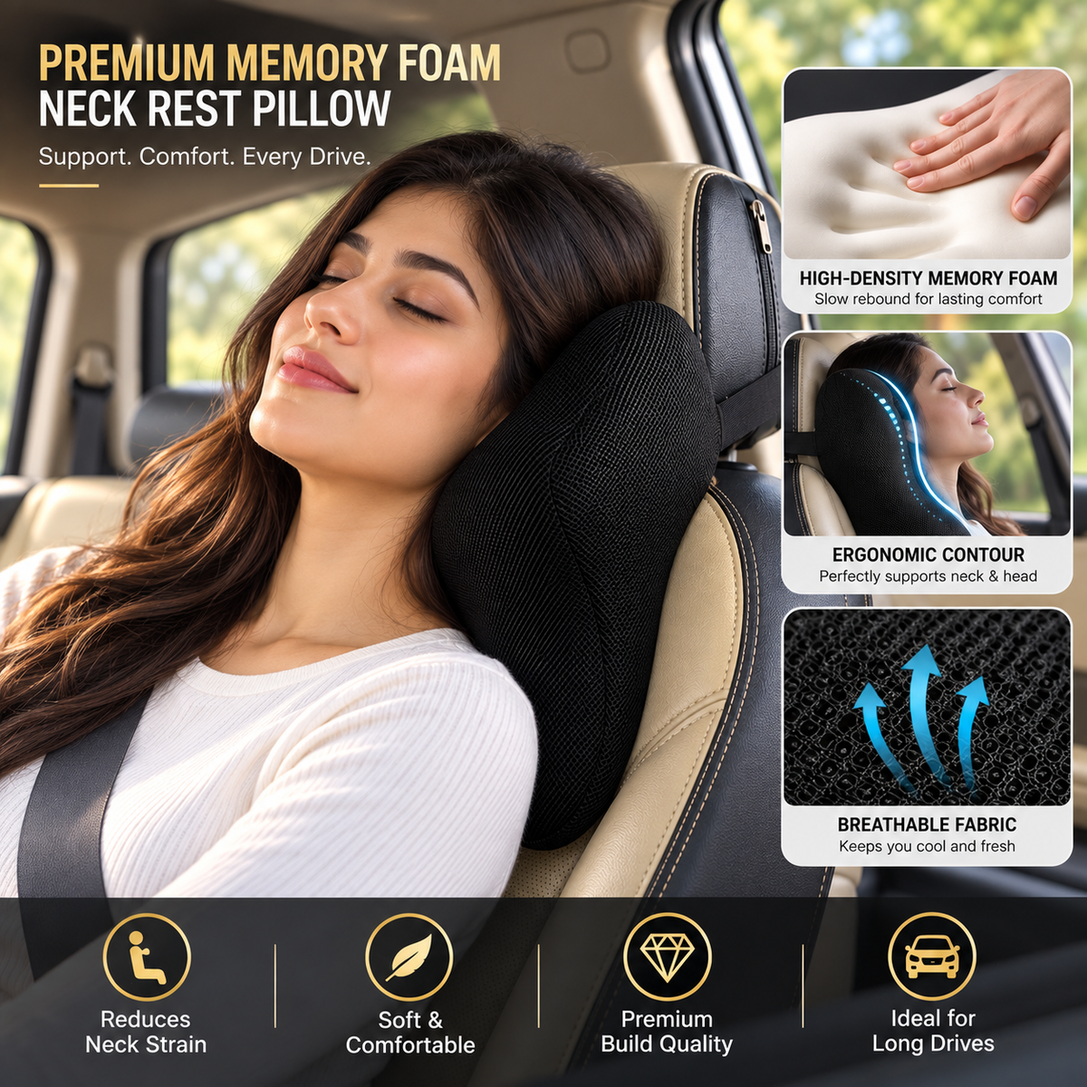 Car Neck Rest Memory Foam Solid Pillow BIG (RHR)