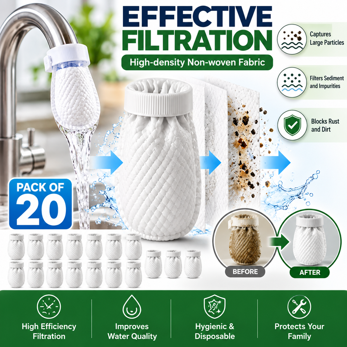 20PCS Sink Faucet Water Filter Cotton Pads with Cable Tie